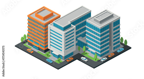 Isometric style urban buildings with cars on city street corner