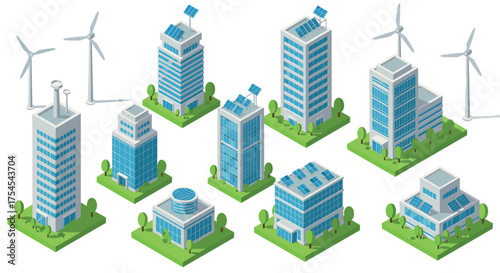 Sustainable isometric buildings with solar panels and wind turbines