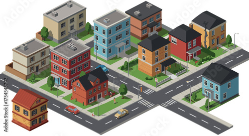 Colorful isometric urban neighborhood with crossroads and trees