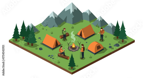 Isometric camping scene with tents, campfire, and mountains in the background
