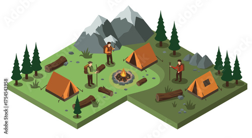 Isometric camping scene with tents and campfire in mountainous forest setting