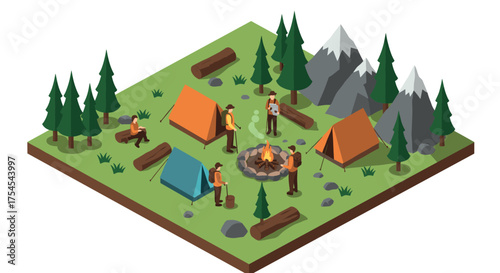 Isometric camping scene with tents and campfire in wooded area