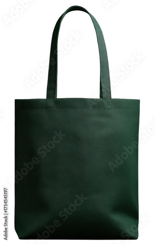 A plain, dark green tote bag stands upright, displaying its handle and flat surface