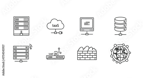 Set of server and network icons isolated on white background for web hosting