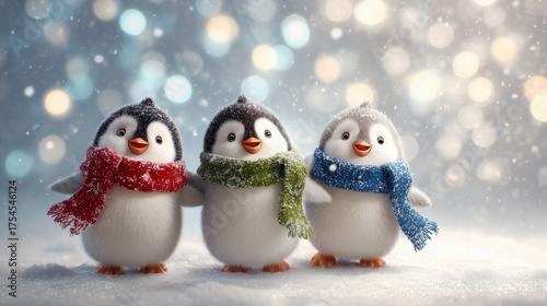 Three Cute Cartoon Penguins Wearing Scarves Standing in the Snow with Bokeh Lights