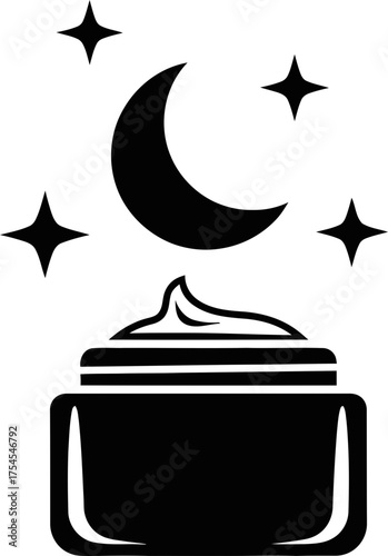 Jar of night cream with moon and stars above. Skincare and beauty product for bedtime routine. Flat black and white icon for cosmetic illustration