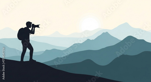 Silhouette of a photographer taking pictures in the mountains at sunset