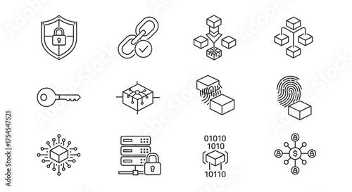 Blockchain technology line icons isolated on white background