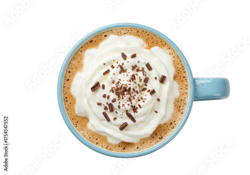 Принти на полотні Isolated overhead shot of a light blue ceramic mug filled with mocha and whipped