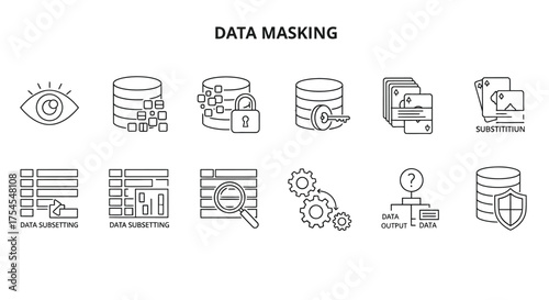 Data masking icons set, data protection and privacy concept, isolated on white background