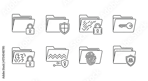 Set of data protection icons, folder with lock isolated on white background
