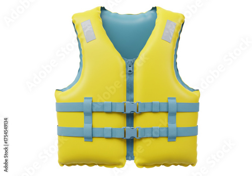 Isolated bright yellow life jacket with blue straps, safety equipment for marine activities