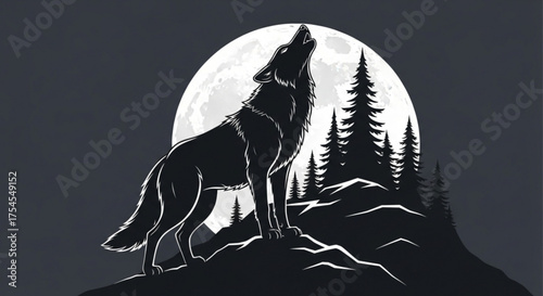 Monochrome illustration of a wolf howling at the moon with pine trees