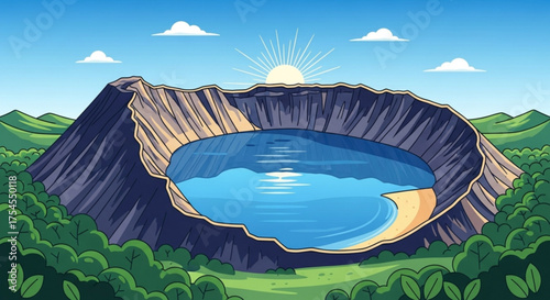 Scenic crater lake surrounded by lush greenery under a bright sunny sky