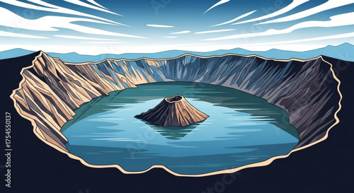 Breathtaking crater lake with a volcanic island under a cloudy blue sky