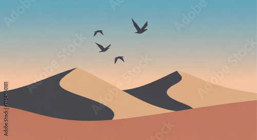 Minimalist illustration of desert dunes with birds flying in the sky
