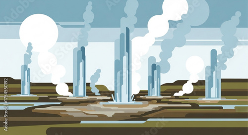 Geothermal field with geysers erupting in a minimalist illustration style
