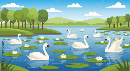 A serene lake with swans swimming among lily pads and lush green trees