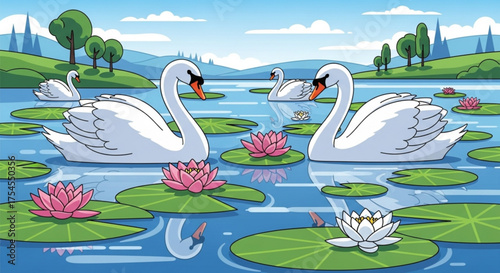 Swans swimming peacefully in a pond with lily pads and pink water lilies