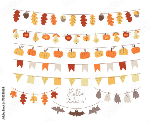 Festive kit with hello autumn garlands with bunting flags, colorful leaves, harvest fruits