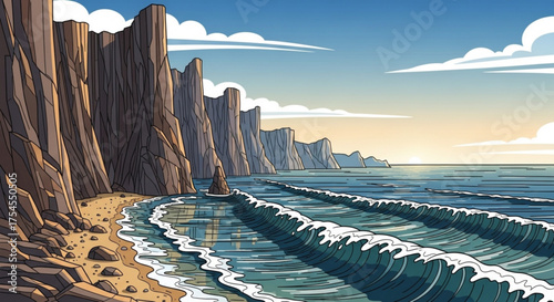 Cartoonish coastline scenery with cliffs, beach, and waves on a sunny day