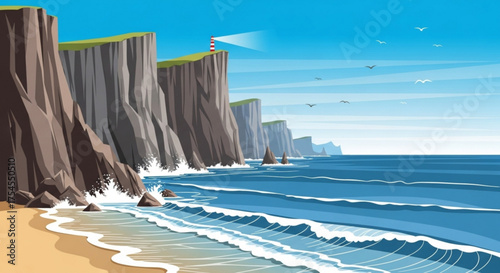Cartoonish coastline scenery with lighthouse, cliffs, and waves on a sunny day