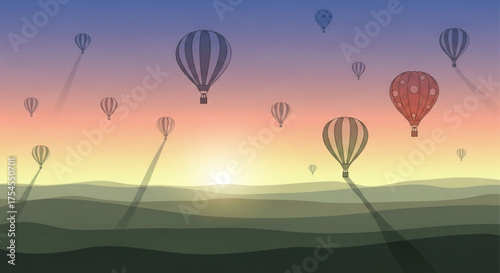 Hot air balloons floating over landscape at sunset with colorful sky view