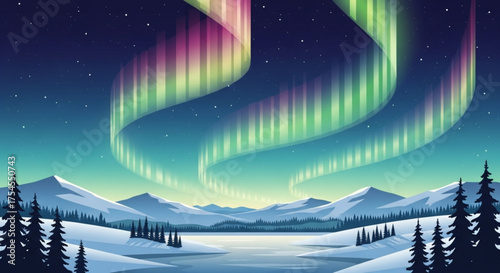A beautiful aurora borealis over a snowy landscape with mountains and trees