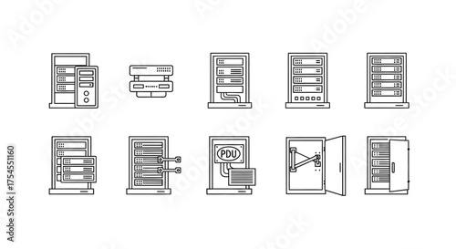 Collection of server rack icons isolated on white background for technology