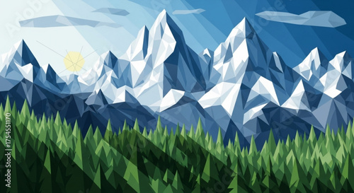 Low poly illustration of mountain range with grass