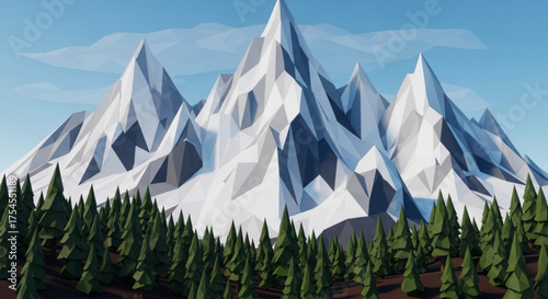 Low poly mountain range with snowcapped peaks and a forest of pine trees