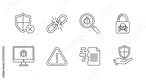 Set of cyber security linear icons isolated on white background, vector