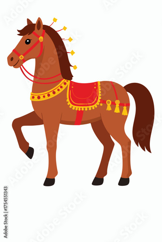 A cartoon illustration of a brown horse with decorative red and gold tack, isolated on a white background.