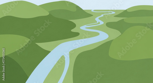 A winding river flows through green hills under a clear blue sky above