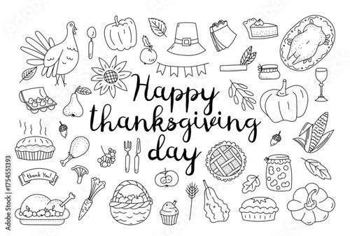 Happy thanksgiving day black-and-white doodles autumn holiday festive hand drawn composition