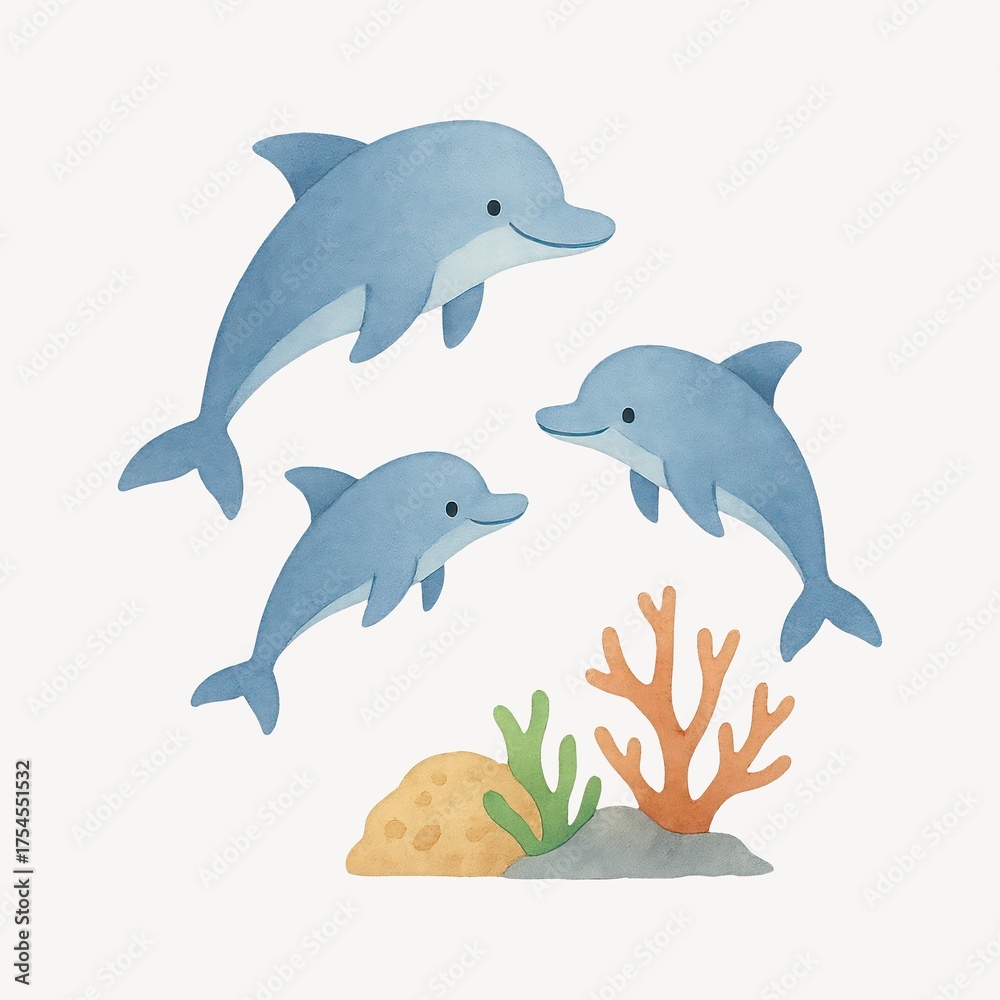 Fototapeta premium Playful dolphins in ocean illustration.