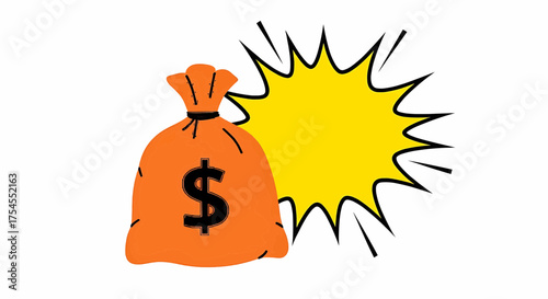 A pop art money bag with a dollar sign and explosion effect, a financial concept for wealth, profit and business success