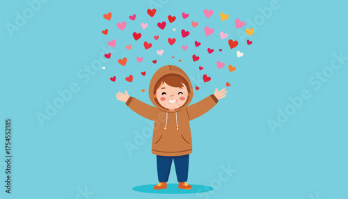 A happy child with arms outstretched, surrounded by colorful hearts.