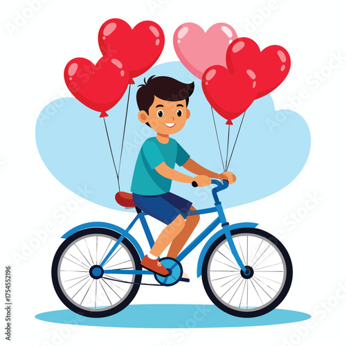 A boy rides a blue bicycle while holding red and pink heart-shaped balloons against a light blue background.