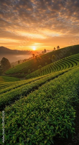 Wallpaper Mural Golden Sunrise Over Lush Green Tea Plantations. Torontodigital.ca