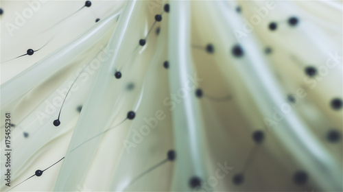 Close-up of white fabric with black beads creating elegant dotted pattern, concept of fashion, texture and design.