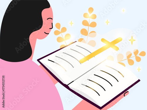 Young woman holds a bible in hands. Female believer prays to God. Reading the Bible. Vector illustration