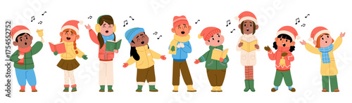 Cute kids singing Christmas carols song enjoying musical holiday performance heartwarming set