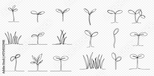 A collection of hand-drawn line art illustrations depicting various stages of plant sprouts and growing grass on a transparent background, symbolizing growth and new beginnings.