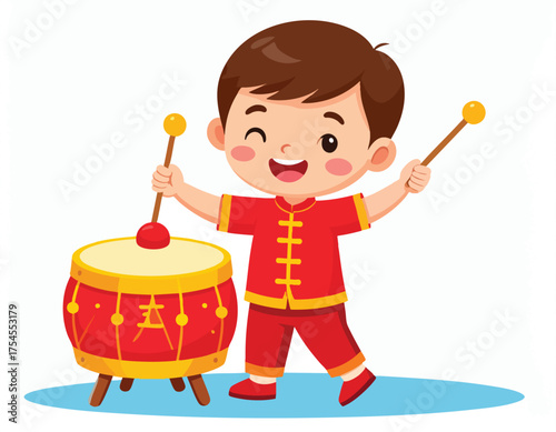 Cartoon boy in red traditional clothing winking while playing a drum with drumsticks.