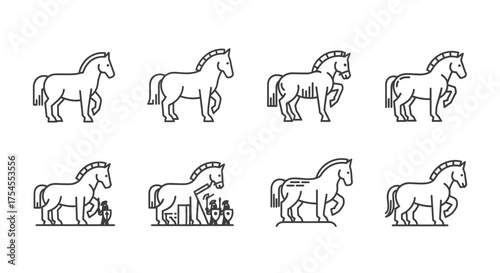 Set of horse icons isolated on white background for equestrian and animal