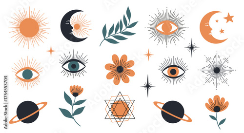 Celestial mystic symbols and astrology elements with sun moon and stars.