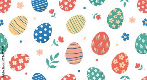 A festive and colorful pattern of intricately decorated Easter eggs scattered across a white background.