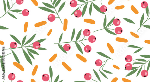 A delightful pattern of red berries and green leaves with scattered orange shapes.