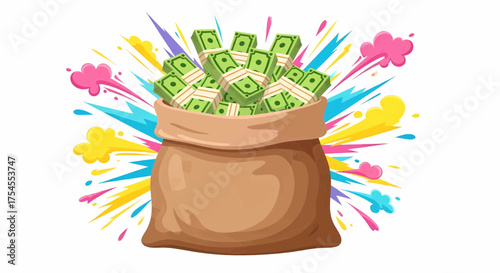 Financial concept illustration of a money bag with an explosion effect representing profit, wealth, and business success